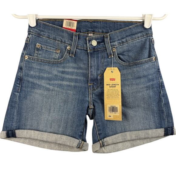 Women's Levi's Blue Mid Rise Denim Mid Length Cotton Distressed Casual Short 24 - Picture 1 of 5